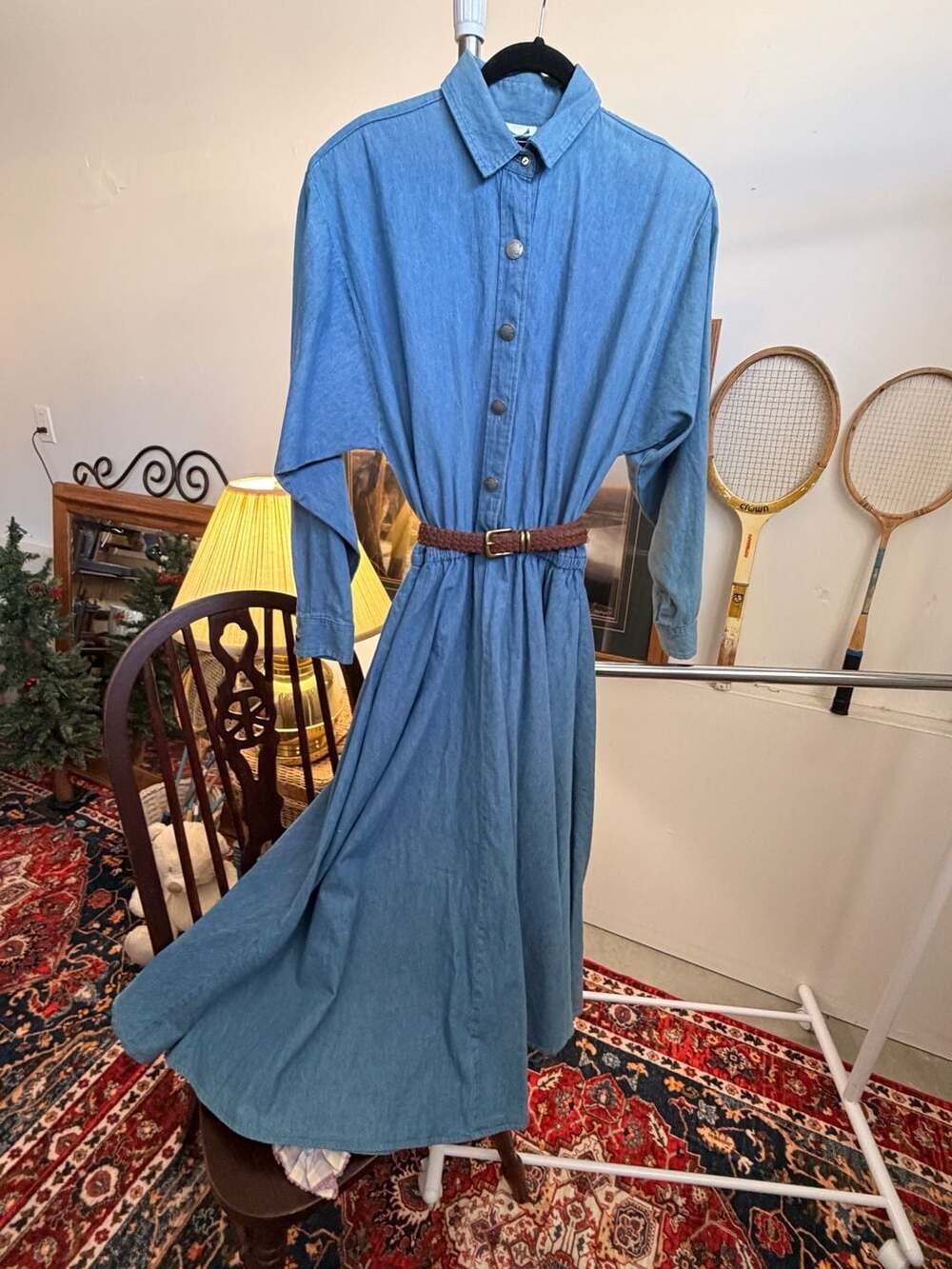 Vintage Denim Dress Leather Belted Western Coastal Cowgirl Silver Native Buttons
